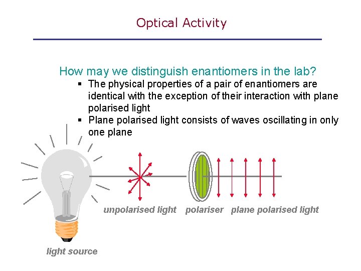 Optical Activity How may we distinguish enantiomers in the lab? § The physical properties