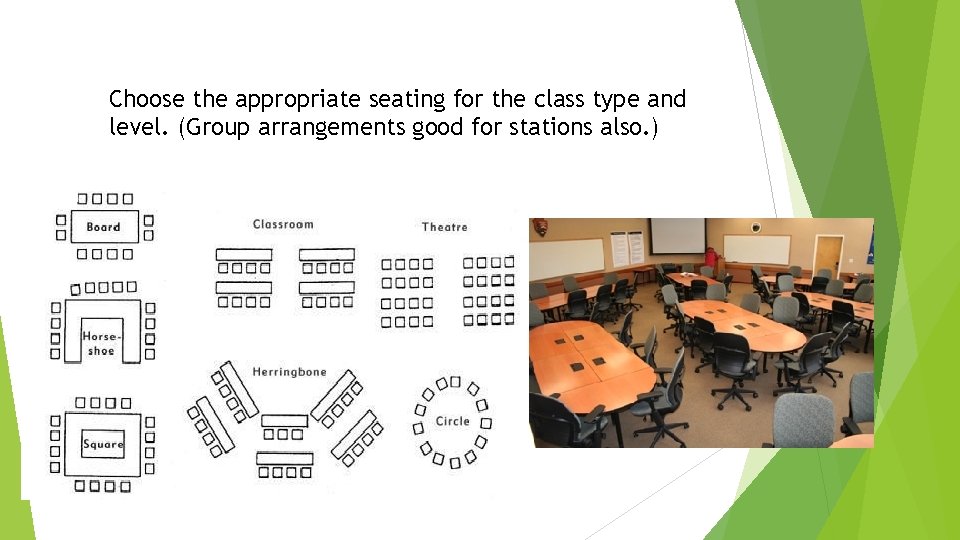 Choose the appropriate seating for the class type and level. (Group arrangements good for