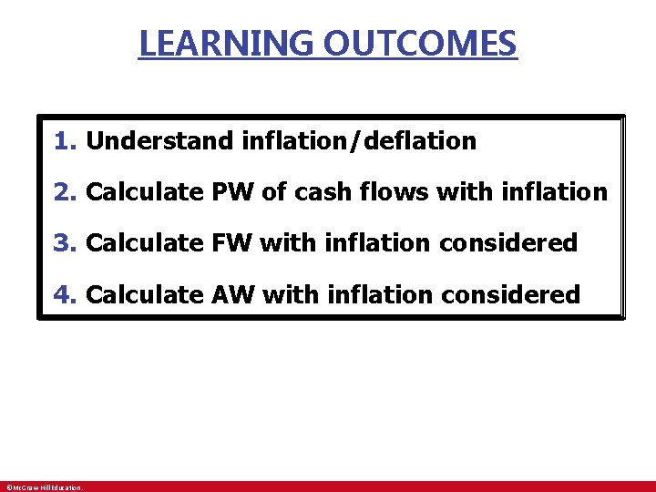 LEARNING OUTCOMES 1. Understand inflation/deflation 2. Calculate PW of cash flows with inflation 3.