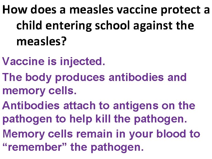 How does a measles vaccine protect a child entering school against the measles? Vaccine