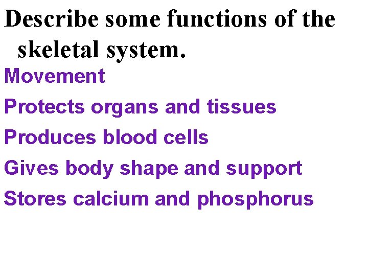 Describe some functions of the skeletal system. Movement Protects organs and tissues Produces blood