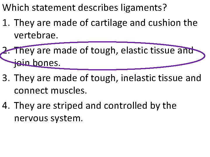 Which statement describes ligaments? 1. They are made of cartilage and cushion the vertebrae.