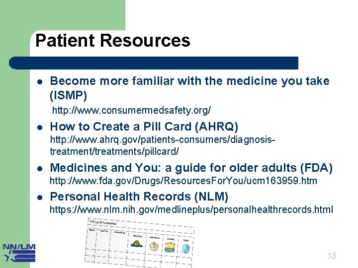 Patient Resources II l Become more familiar with the medicine you take (ISMP) http: