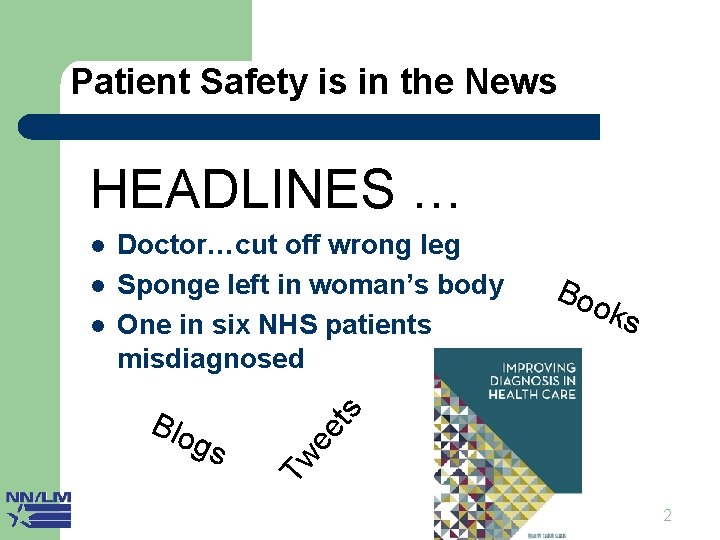 Patient Safety is in the News HEADLINES … Blo g oks s l Bo