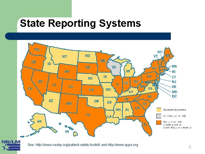 State Reporting Systems See: http: //www. nashp. org/patient-safety-toolkit/ and http: //www. qups. org 6