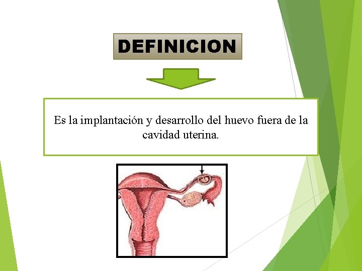 DEFINICION Es la implantación y desarrollo del huevo fuera de la cavidad uterina. 