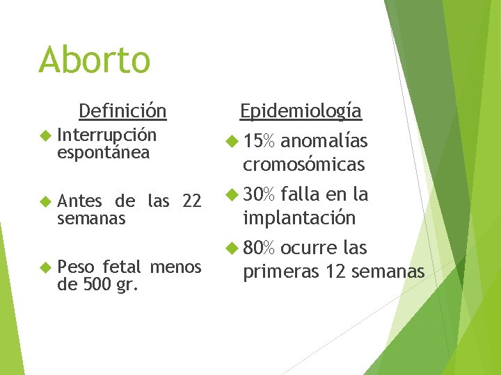 Aborto Definición Epidemiología Interrupción 15% Antes 30% espontánea de las 22 semanas Peso fetal