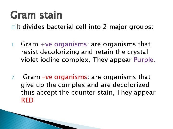 Gram stain � It divides bacterial cell into 2 major groups: 1. Gram +ve