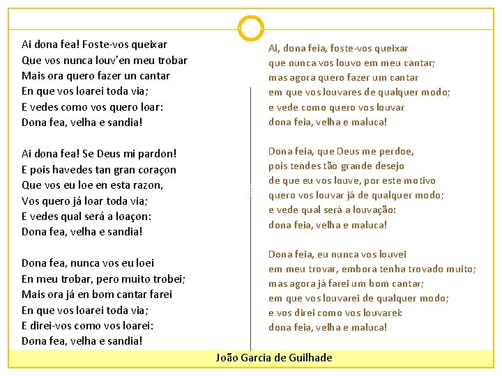 Ai dona fea! Foste-vos queixar Que vos nunca louv'en meu trobar Mais ora quero