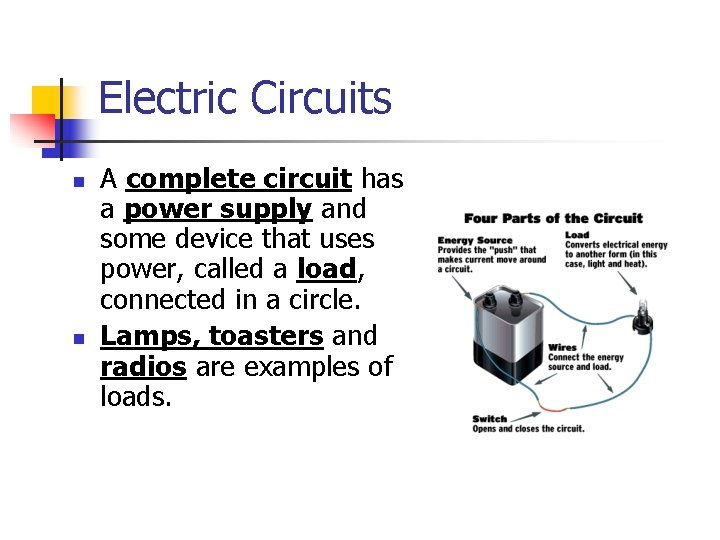 Electric Circuits n n A complete circuit has a power supply and some device
