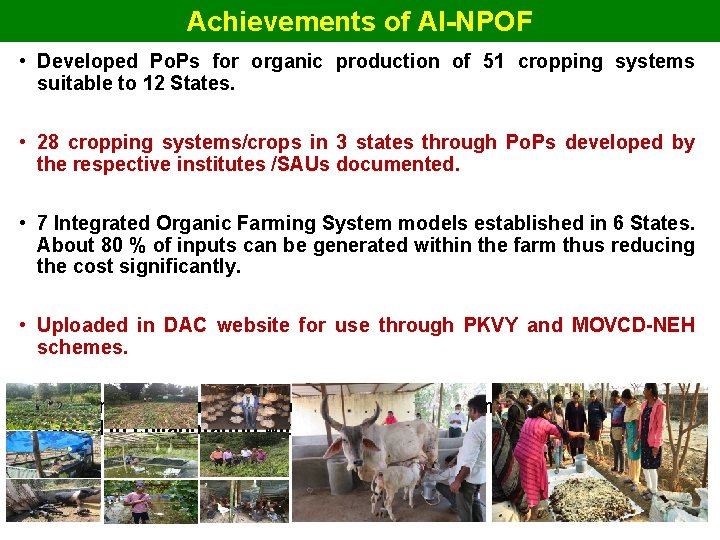 Achievements of AI-NPOF • Developed Po. Ps for organic production of 51 cropping systems