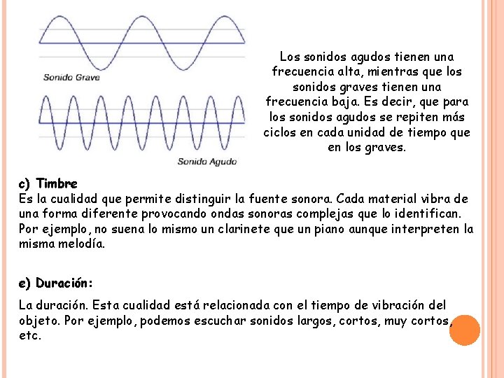 Los sonidos agudos tienen una frecuencia alta, mientras que los sonidos graves tienen una