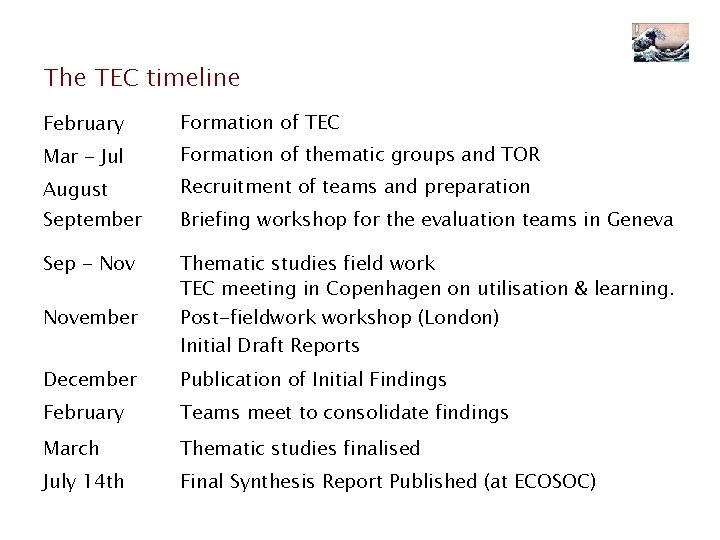 The TEC timeline February Formation of TEC Mar - Jul Formation of thematic groups