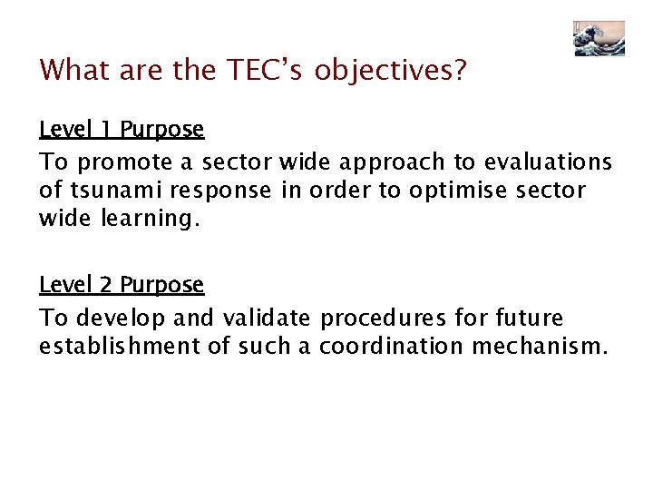 What are the TEC’s objectives? Level 1 Purpose To promote a sector wide approach