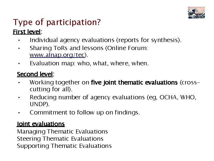 Type of participation? First level: • Individual agency evaluations (reports for synthesis). • Sharing