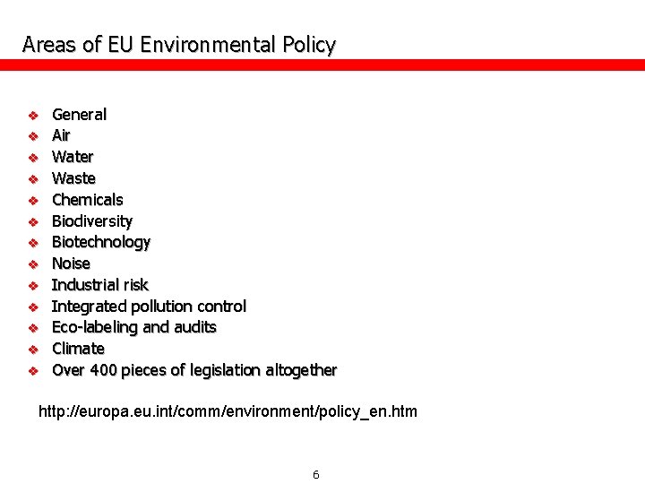 Areas of EU Environmental Policy v v v v General Air Water Waste Chemicals