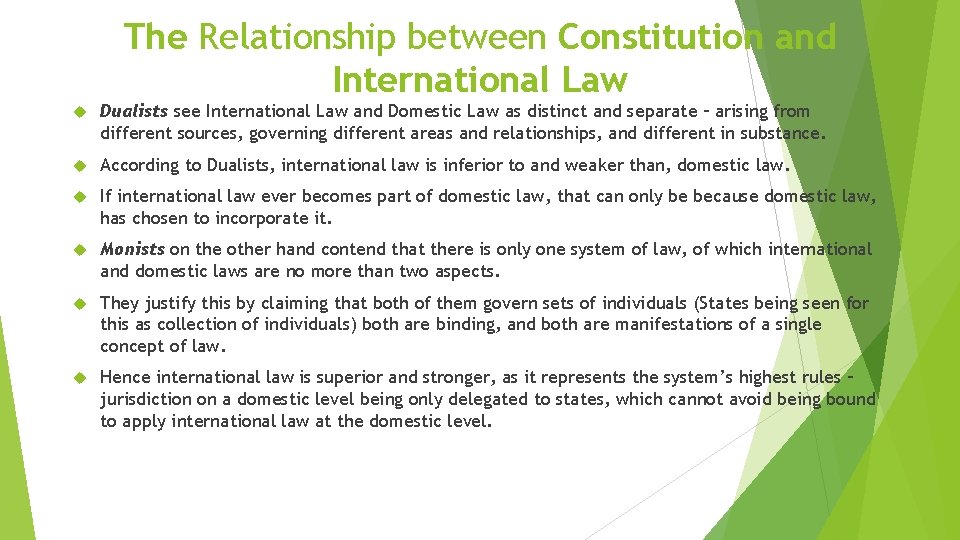 The Relationship between Constitution and International Law Dualists see International Law and Domestic Law