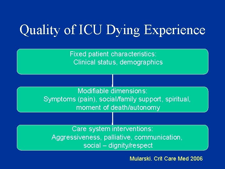 Quality of ICU Dying Experience Fixed patient characteristics: Clinical status, demographics Modifiable dimensions: Symptoms