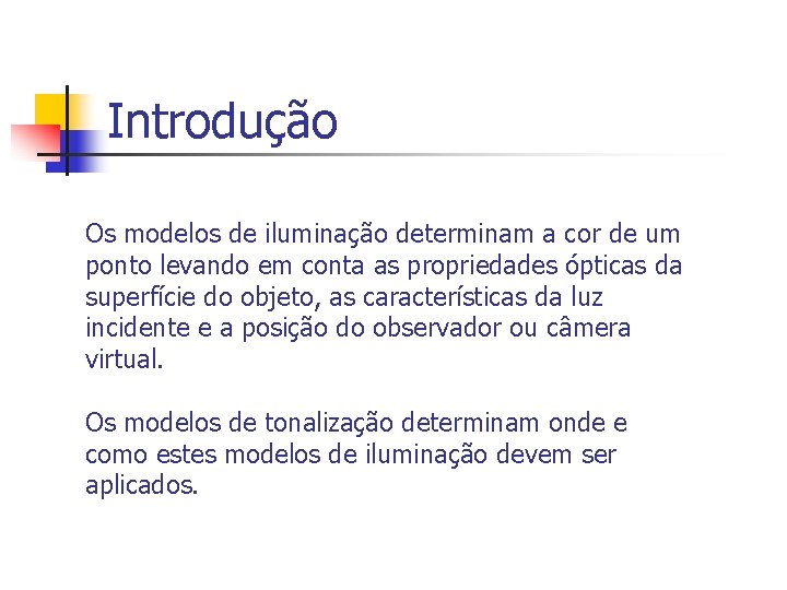 Introdução Os modelos de iluminação determinam a cor de um ponto levando em conta