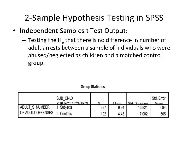 2 -Sample Hypothesis Testing in SPSS • Independent Samples t Test Output: – Testing