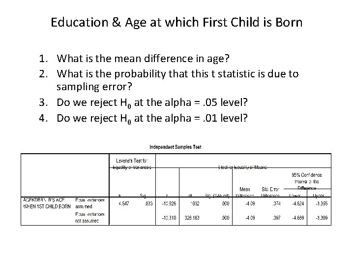 Education & Age at which First Child is Born 1. What is the mean
