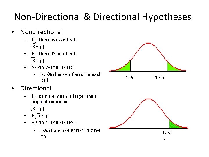 Non-Directional & Directional Hypotheses • Nondirectional – Ho: there is no effect: (X =