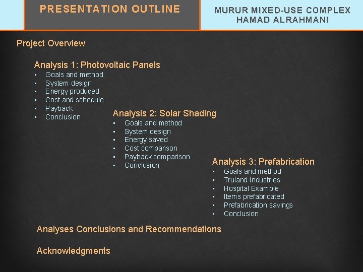 PRESENTATION OUTLINE MURUR MIXED-USE COMPLEX HAMAD ALRAHMANI Project Overview Analysis 1: Photovoltaic Panels •