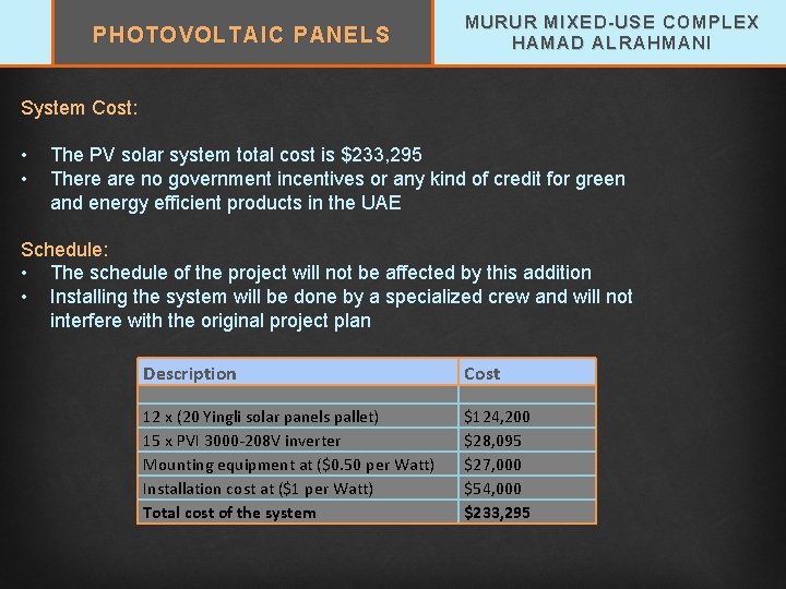 PHOTOVOLTAIC PANELS MURUR MIXED-USE COMPLEX HAMAD ALRAHMANI System Cost: • • The PV solar