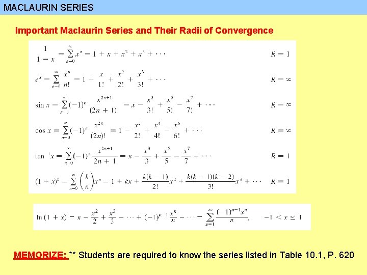 MACLAURIN SERIES Important Maclaurin Series and Their Radii of Convergence MEMORIZE: ** Students are