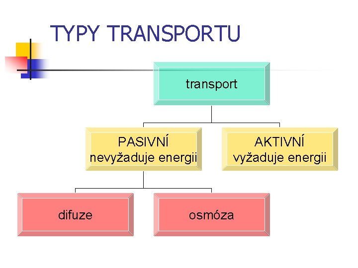 TYPY TRANSPORTU transport PASIVNÍ nevyžaduje energii difuze AKTIVNÍ vyžaduje energii osmóza 