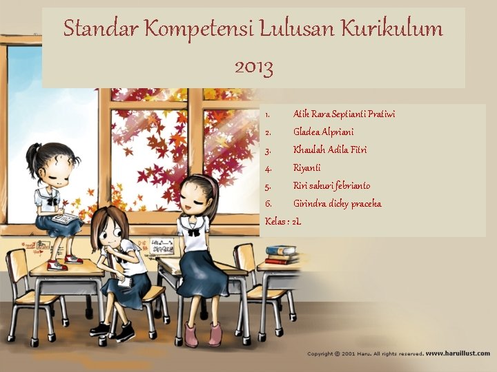 Standar Kompetensi Lulusan Kurikulum 2013 1. Atik Rara Septianti Pratiwi 2. Gladea Alpriani 3.