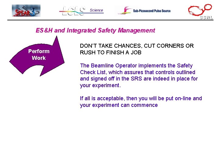 Science ES&H and Integrated Safety Management Perform Work DON’T TAKE CHANCES, CUT CORNERS OR