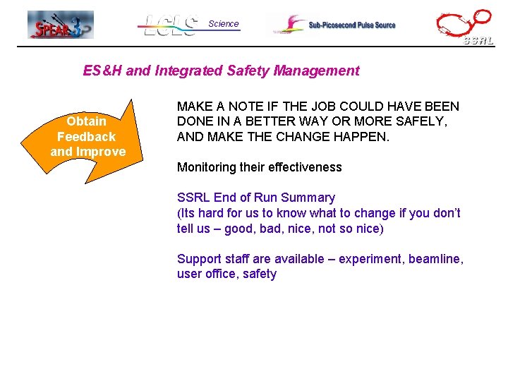 Science ES&H and Integrated Safety Management Define Obtain Scope of Work Feedback MAKE A