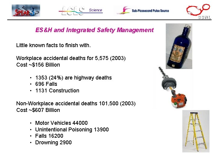 Science ES&H and Integrated Safety Management Little known facts to finish with. Workplace accidental