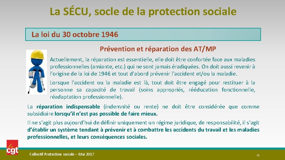 La SÉCU, socle de la protection sociale La loi du 30 octobre 1946 Prévention