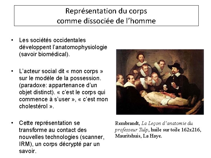 Représentation du corps comme dissociée de l’homme • Les sociétés occidentales développent l’anatomophysiologie (savoir