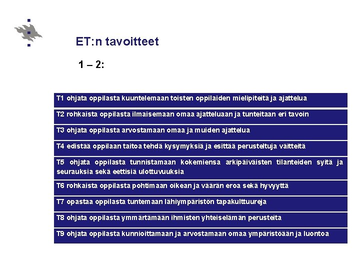 ET: n tavoitteet 1 – 2: T 1 ohjata oppilasta kuuntelemaan toisten oppilaiden mielipiteitä