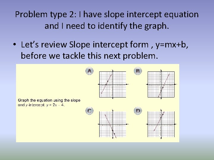 Problem type 2: I have slope intercept equation and I need to identify the