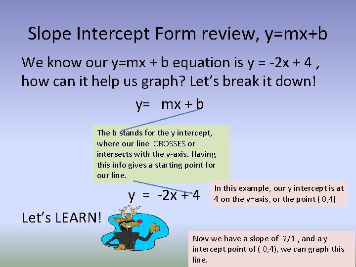 Slope Intercept Form review, y=mx+b We know our y=mx + b equation is y