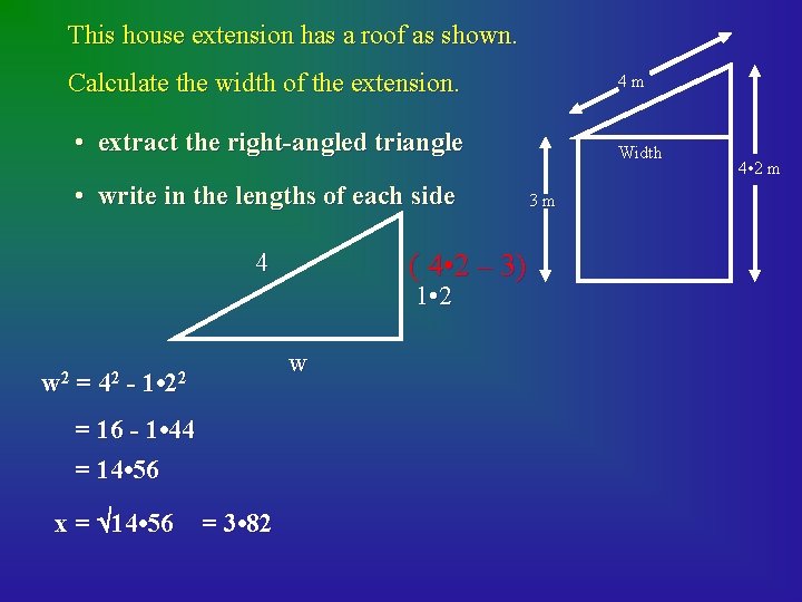 This house extension has a roof as shown. Calculate the width of the extension.