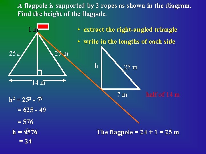 A flagpole is supported by 2 ropes as shown in the diagram. Find the