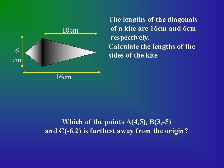 10 cm 6 cm The lengths of the diagonals of a kite are 16