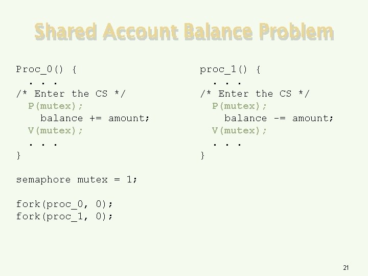 Shared Account Balance Problem Proc_0() {. . . /* Enter the CS */ P(mutex);