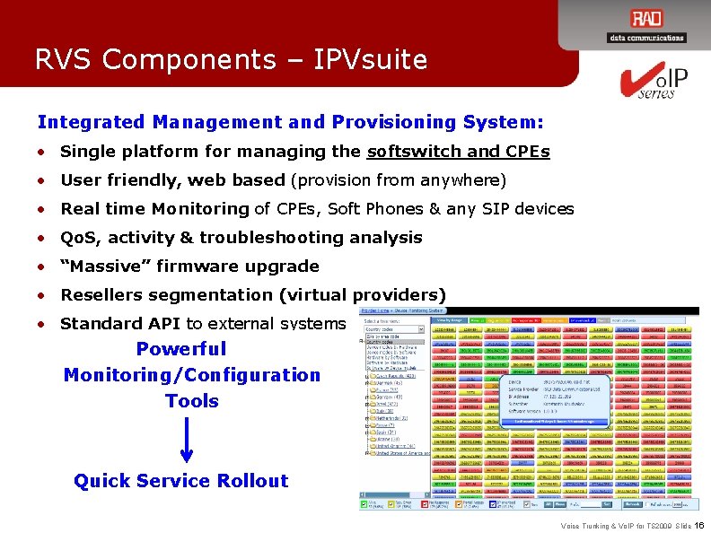 RVS Components – IPVsuite Integrated Management and Provisioning System: • Single platform for managing