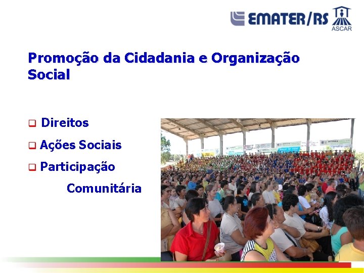 Promoção da Cidadania e Organização Social q Direitos q Ações Sociais q Participação Comunitária