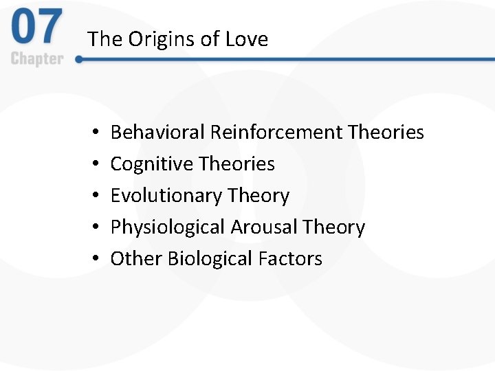 The Origins of Love • • • Behavioral Reinforcement Theories Cognitive Theories Evolutionary Theory