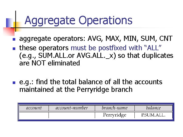Aggregate Operations n n n aggregate operators: AVG, MAX, MIN, SUM, CNT these operators
