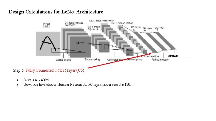 Design Calculations for Le. Net Architecture Softmax Step 6: Fully Connected 1 (fc 1) Design Calculations for Le. Net Architecture Softmax Step 6: Fully Connected 1 (fc 1)