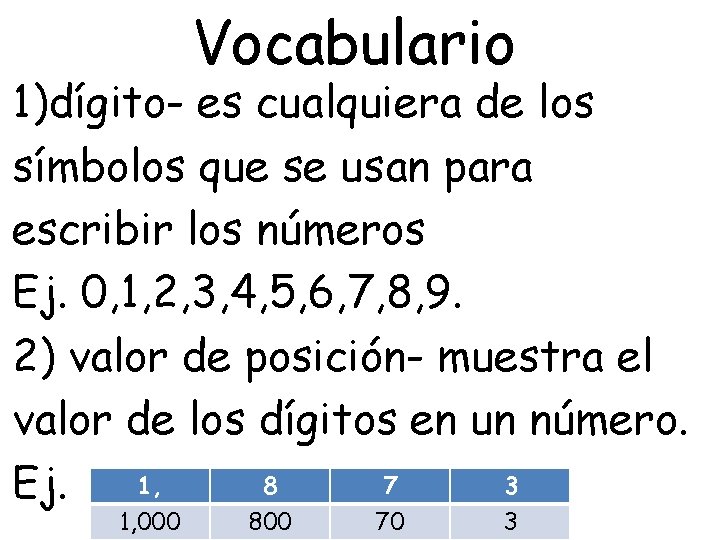 Vocabulario 1)dígito- es cualquiera de los símbolos que se usan para escribir los números