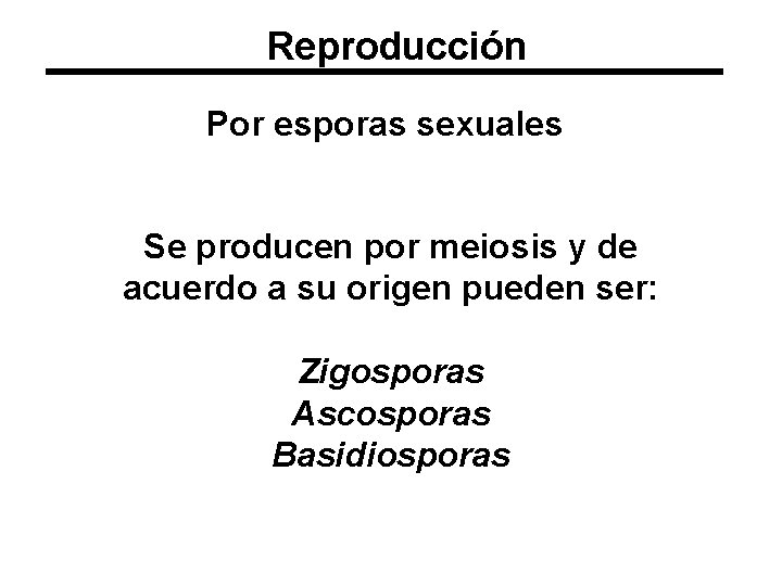 Reproducción Por esporas sexuales Se producen por meiosis y de acuerdo a su origen